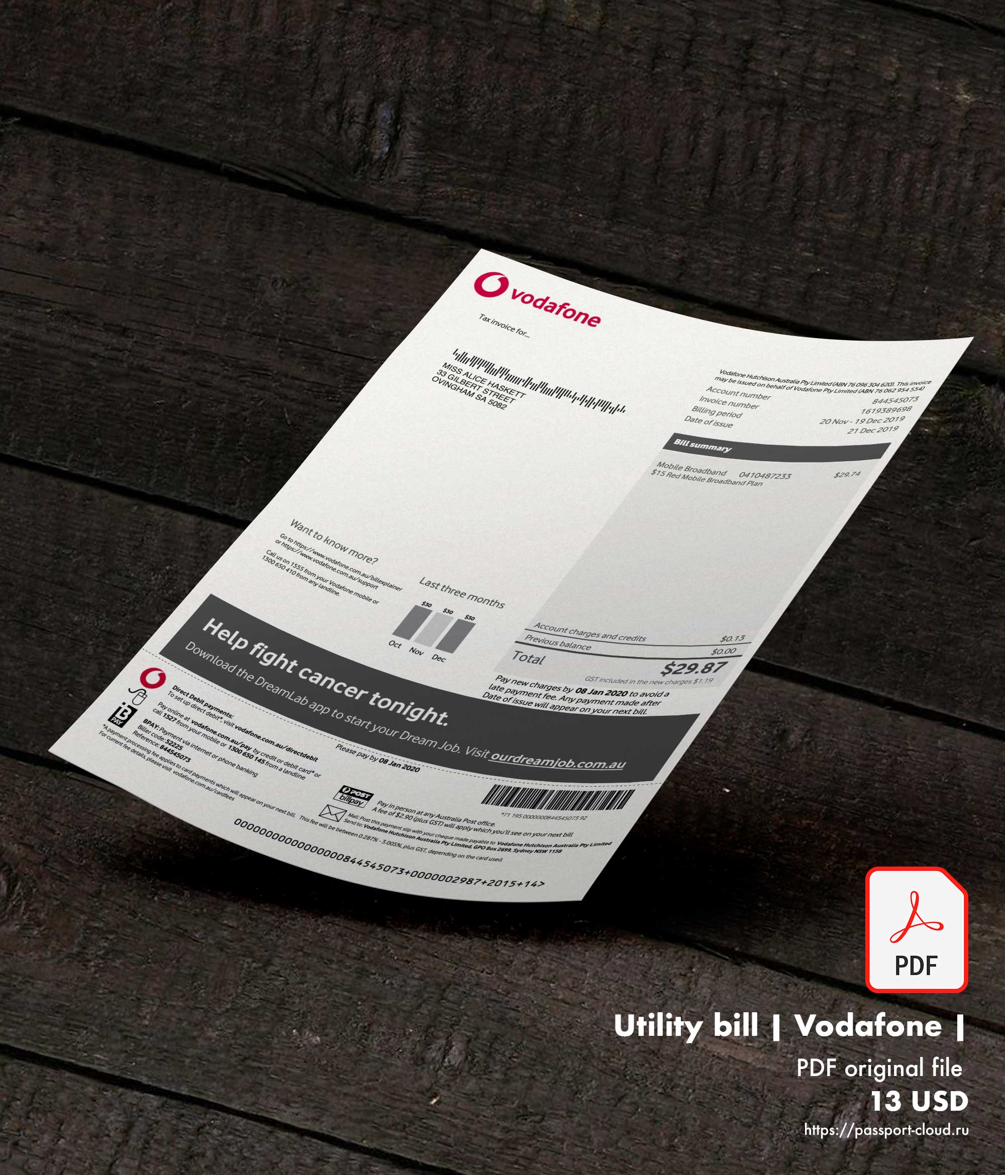 Utility bill | Vodafone | AU | Australia |1