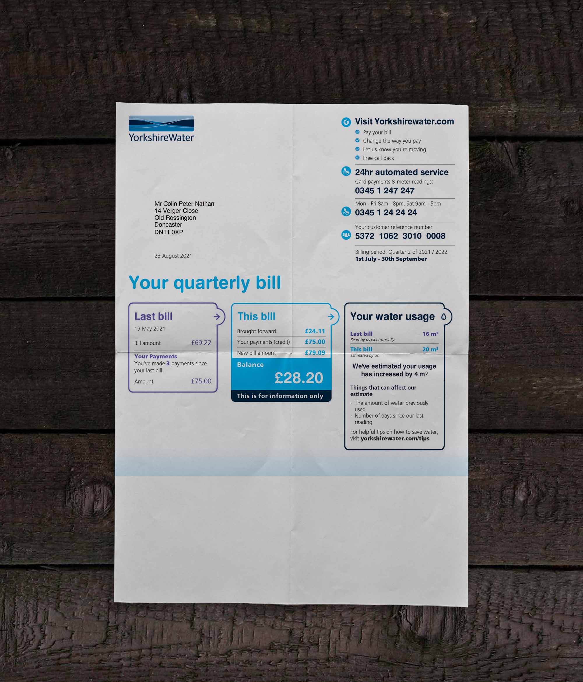 Utility bill | Yorkshire Water | UK | 2