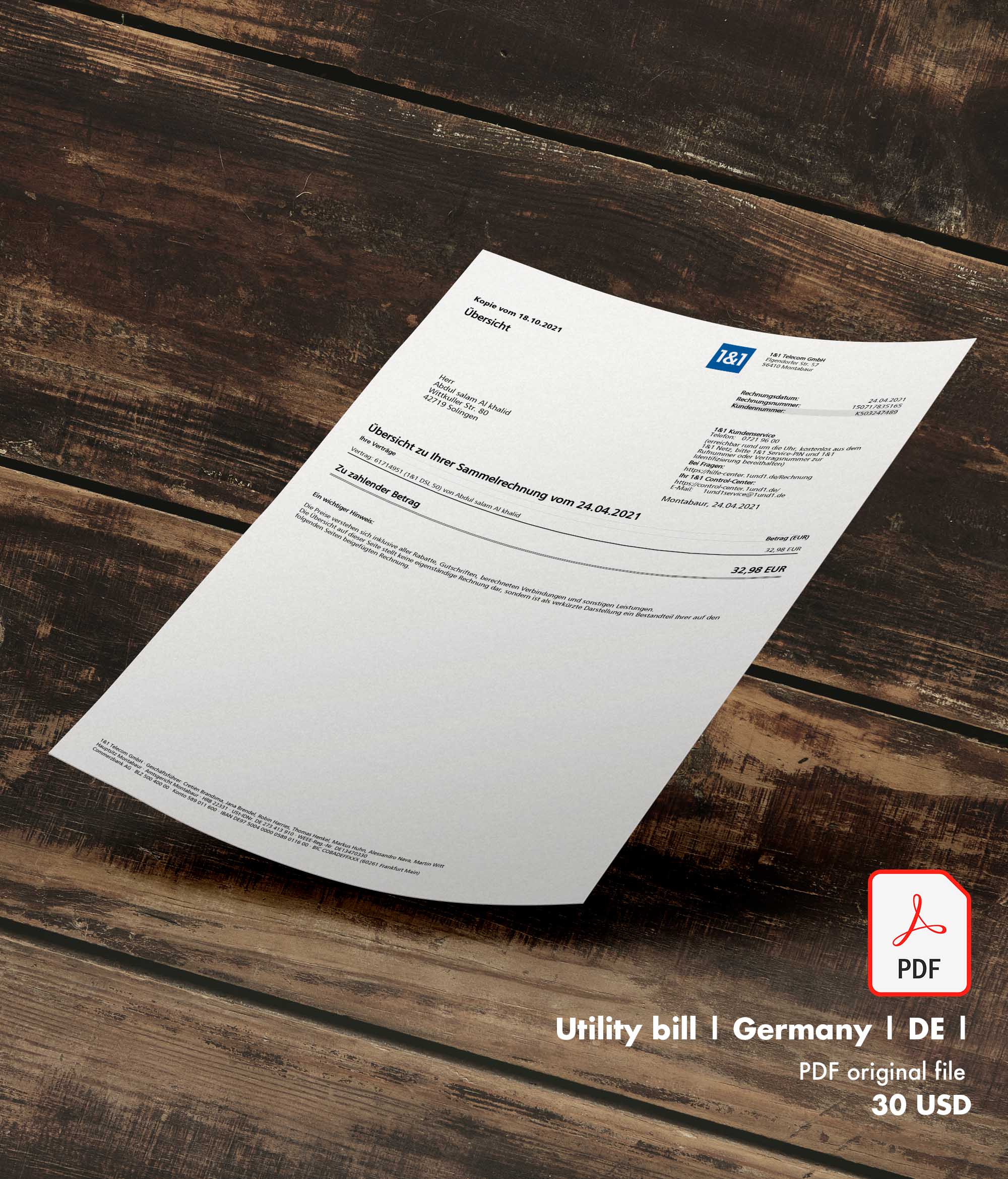 Utility bill | 1 and 1 | Germany | DE1