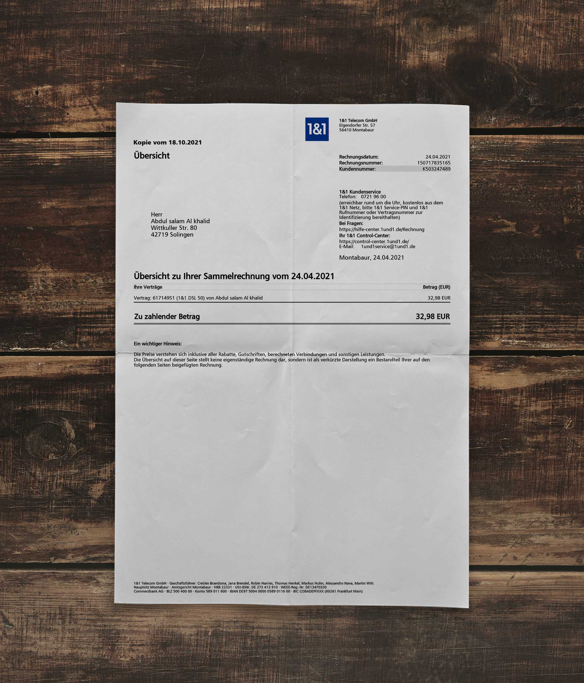 Utility bill | 1 and 1 | Germany | DE2